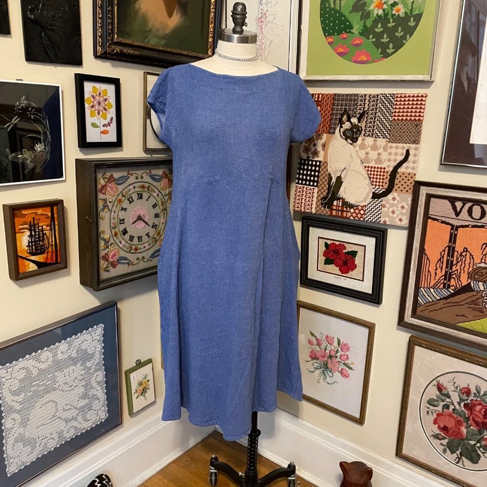 90s Vintage Dunes Blue Stretch Scoop Neck Cap Sleeve Midi Dress with Pockets 2X